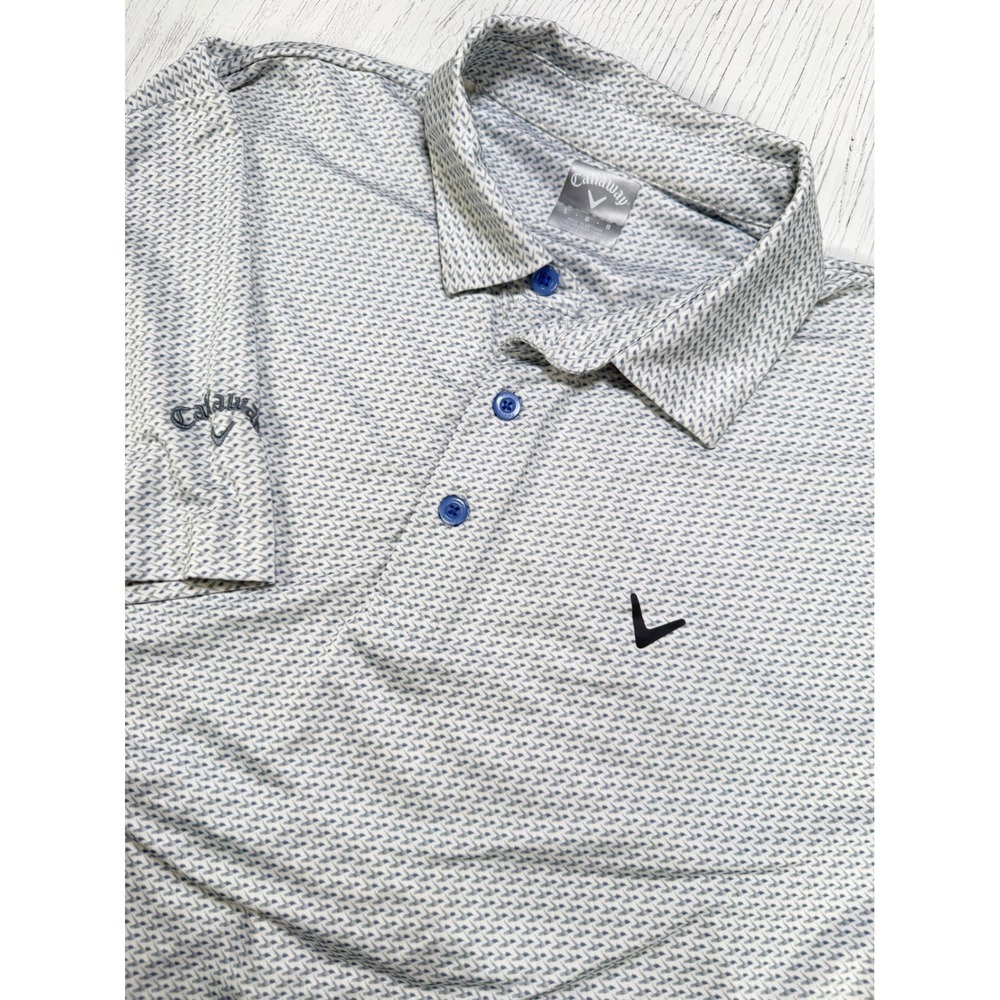 Callaway Golf Polo Mens Large White Blue Geometric Short Sleeve Shirt CGKSE0S5